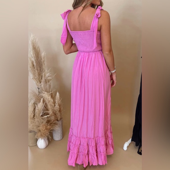 NWT So Me Fuchsia Pink Smocked Tie Sleeve Cinched Bust Long Ruffle Maxi Dress - Picture 4 of 4